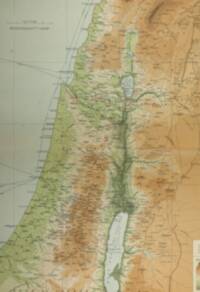The sheet combines dense serif place-name engraving with pale hypsometric elevation tints, blue-green hydrography, and a thin graticule over both land and sea.