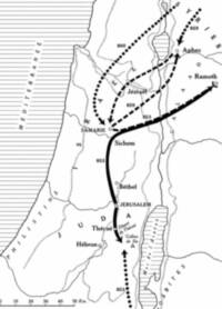 Monochrome French Bible atlas map with white land and water surfaces, black typography, hatched water bodies, dotted internal boundaries, and prominent black campaign arrows annotated by years.