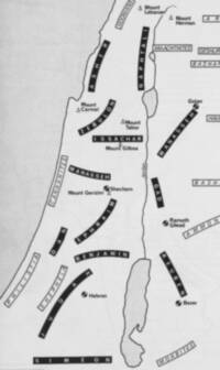 Monochrome flat Bible atlas map with gray sea, light land, dark water outlines, dark river linework, and high-contrast black-band tribal labels.
