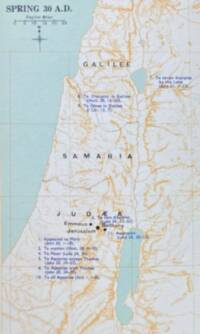 The map uses a pale blue water fill, light neutral land, tan manual relief shading, a thin graticule, dark dotted region or movement lines, and blue numbered journey/event annotations.
