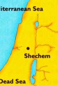 Cartoon-like flat-color Bible atlas style with bright cyan water, yellow land, heavy rounded black labels, and simple brown-orange drainage lines.