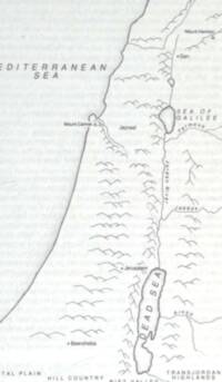 Monochrome grayscale Bible atlas map with stippled water, dark shorelines, and hand-drawn hill relief symbols.