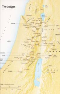 The map uses a warm beige flat land base with digital shaded relief, pale blue water, dark brown labels, red-orange settlement and mountain symbols, and thin leader lines for judge/home-town annotations.