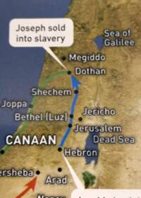 Satellite-style textured basemap with outlined white place labels, black city dots, narrative speech bubbles, and thick colored directional journey arrows.