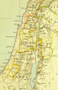 Cropped full-color Bible atlas map with pale land wash, greenish water, manual hachure relief, colored regional boundary bands, settlement circles, graticule lines, and dark serif typography.