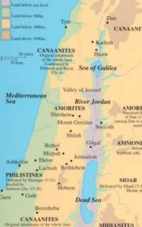The map combines bright blue water, hypsometric elevation tints, dark serif labels, and black filled dots for settlements.