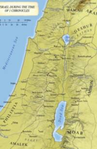 Full-color modern Bible atlas style with flat yellow-green land, digital shaded relief, blue water, black serif labels, red-brown town dots, and thin dark route/boundary lines.