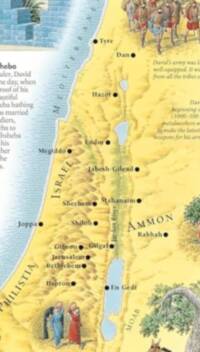 The map uses an artistic painted basemap with warm yellow land, blue water, hand-painted relief textures, and black serif settlement labels with filled-dot symbols.