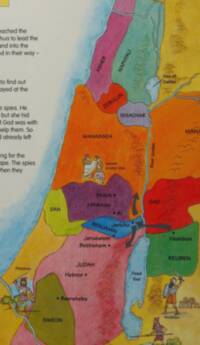 Flat full-color atlas style with hand-lettered labels, patchwork tribal-region fills, blue water, thick movement arrows, and brown illustrated hill texture.