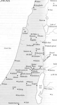 Monochrome flat map with white water/background, stippled gray land, dark serif labels, filled-dot city symbols, and open-triangle mountain symbols.