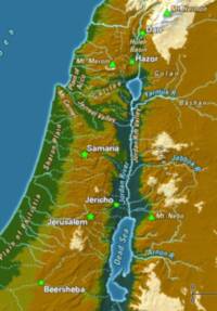 The map combines shaded digital relief with distinct hypsometric elevation colors and heavily outlined sans-serif labels over the terrain.