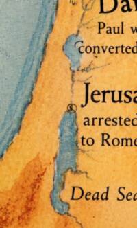 Cropped portion uses warm tan land, blue-green stippled waters, black serif labels, and manually shaded brown relief texture.