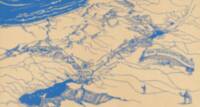 Pictorial oblique Bible map printed in blue ink over a warm tan land base, with hand-lettered place names, illustrated hills, settlement drawings, and narrative figures.