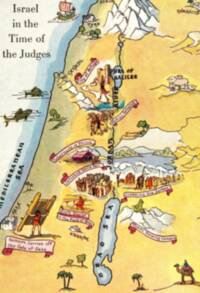 Cartoon pictorial atlas map with hand-drawn labels, dark ink outlines, yellow elevation tints, pale blue water, and red scroll captions for Bible-story scenes.