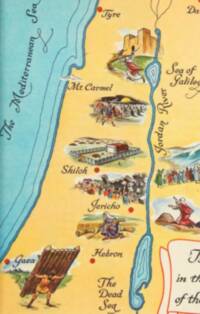 Flat, hand-colored Bible-story map with warm yellow land, turquoise water, dark brown calligraphic labels, and red-orange city dots.