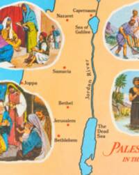 Flat pictorial Bible map style with tan land, bright cyan water, thick dark water outlines, red city dots, and dark brown serif labels.
