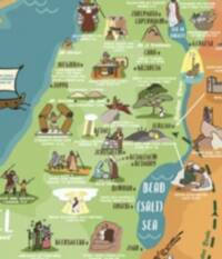 Flat, colorful, hand-drawn Bible story map with cartoon vignettes, teal water, green western land, orange eastern land, white captions, and dark brown hand-lettered city names.