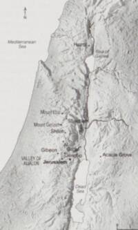 Monochrome shaded-relief Bible atlas map with dark-gray labels, white water areas, and gray stepped elevation shading; a north arrow is shown near the upper left.