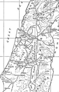 Monochrome black-and-white Bible atlas map with hand-lettered all-cap labels, white land and water surfaces, dark linework, open-circle city symbols, solid rivers, dashed political or tribal boundaries, graticule lines, and manual hachure relief.