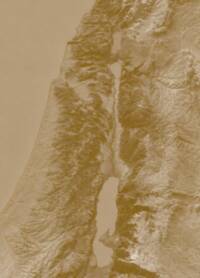 Sepia monochrome shaded-relief physical map with visible Mediterranean coastline, Jordan Valley, Sea of Galilee, Dead Sea, and Jordan River corridor.
