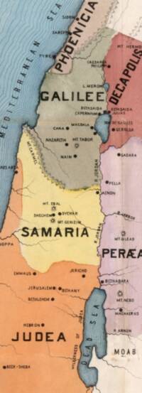 Full-color flat Bible atlas map with pastel political/cultural region fills, dark uppercase lettering, blue water fills with dense shoreline-following hachures, and small black dot city symbols.