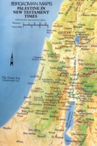 The map uses shaded landcover and manual relief with soft blue water, dark serif place labeling, and small filled black dots for settlements.