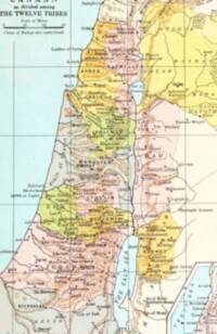 Full-color flat Bible atlas map with pastel regional tints, dark brown-black linework, pale cyan water, manual brown hachure relief, and a small inset map at lower right.