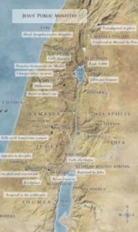 Satellite-style shaded relief map with muted blue water, tan land, dark brown serif labels, white city point circles, black mountain triangles, and pale ministry-event callout panels.