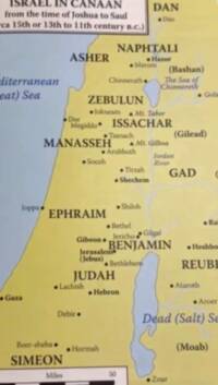 Flat Bible atlas style with muted yellow-tan land regions, blue-gray water, thin low-contrast territorial boundaries, and dark serif labeling.