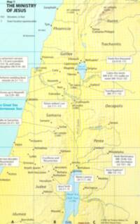 The map uses a pale yellow flat land background with subtle shaded relief texture, cyan water, thin blue-green graticule lines, dark city dots, italic regional labels, and white boxed biblical event annotations.