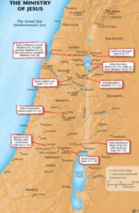 Modern full-color Bible atlas style with shaded tan terrain, blue water, gray-green hydrography and boundaries, dark labels, and red ministry-event callouts.