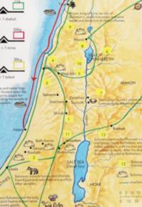 Children's-atlas map style with flat warm land color, blue water, manual shaded terrain, green route lines, red coastal movement arrow, yellow numbered story callouts, and narrative annotations printed over the map.