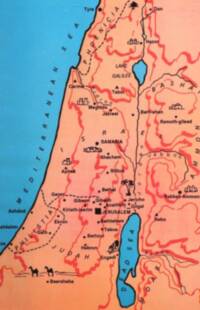 The map uses a bright blue sea, peach land, thick red manual relief strokes, and dark near-black typography and symbols.