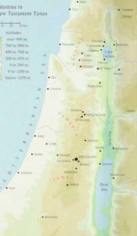 Soft hypsometric elevation tints form the basemap, with pale blue water, thin blue river lines, dark settlement symbols, and muted red cultural-region labels.