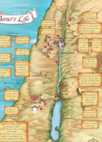 Children’s atlas style with hand-painted shaded relief, turquoise water, tan parchment event callouts, black serif place names, and red numbered episode markers keyed to the life of Jesus.
