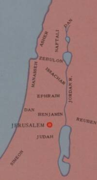 Simple flat-color Bible atlas style with salmon land, blue-gray water, dark serif labels, and a prominent red Jerusalem marker.
