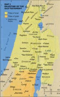 Flat full-color Bible atlas map with digital shaded relief, colored tribal and neighboring-region fills, blue water, light-blue rivers, and a pale graticule.