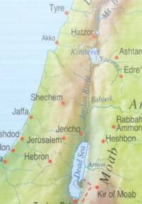 The map uses shaded hypsometric relief with soft green, beige, and brown terrain tints, pale blue water, red-orange city dots, and dotted boundary linework.
