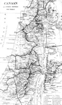 Monochrome engraved-style Bible atlas map with flat white surfaces, dense serif labeling, heavy tribal boundary lines, graticule lines, and manual hachure relief.