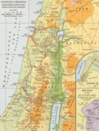 Main map uses serif lettering, broad spaced regional names, pale blue-gray water, red-orange transportation lines, and a distinct hypsometric elevation palette with green, yellow, tan, and orange land tints.