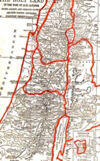 Flat cream paper ground with dense dark brown engraving-style linework and hachured relief. Broad red hand-colored boundary bands emphasize regional divisions. A small inset plan of Jerusalem appears in the lower right.