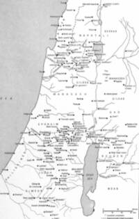 Monochrome flat Bible atlas map with gray water, white land, black labels, filled-dot settlement symbols, solid hydrography, and dashed tribal boundaries.