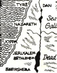 Monochrome hand-drawn map crop with black linework, white ground, wavy sea patterning, hachured hills, and solid black inland water shapes.