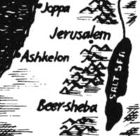 Monochrome hand-drawn in-text Bible atlas style with black brush lettering, dark water fills, white land background, and sketchy hill relief symbols.