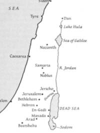 Monochrome flat Bible atlas map with white land, light gray water fill, dark coast and water outlines, and serif typography; water labels are italic while most city labels are upright with filled dot symbols.