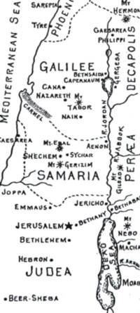 Monochrome hand-drawn map style with black ink lettering, outlines, dashed region boundaries, and point symbols on an unprinted white base.