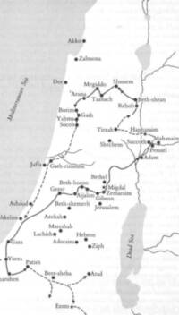 Monochrome flat Bible atlas map using gray stippled water, white land, dark settlement dots, and dark solid or dashed directional route arrows.
