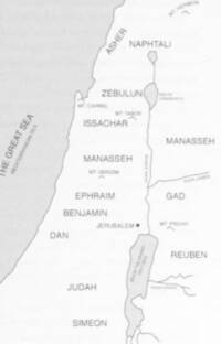 Monochrome flat map with light gray water, thin gray boundaries and rivers, and uppercase sans-serif labeling for tribes, water bodies, mountains, rivers, and Jerusalem.
