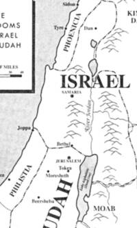 Monochrome Bible atlas map with white land, gray stippled water, black region names, dashed political boundaries, city dots, and sketched hill hachures.