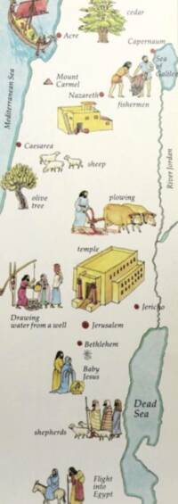 Flat pictorial Bible map with pale watercolor-style fills, dark brown-gray italic serif labeling, and red-brown city dots.
